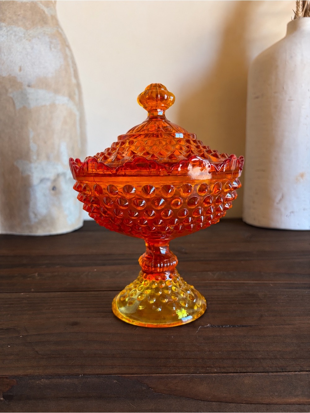 Vintage Fenton Orange Amberina Hobnail Covered Pedestal Candy Dish